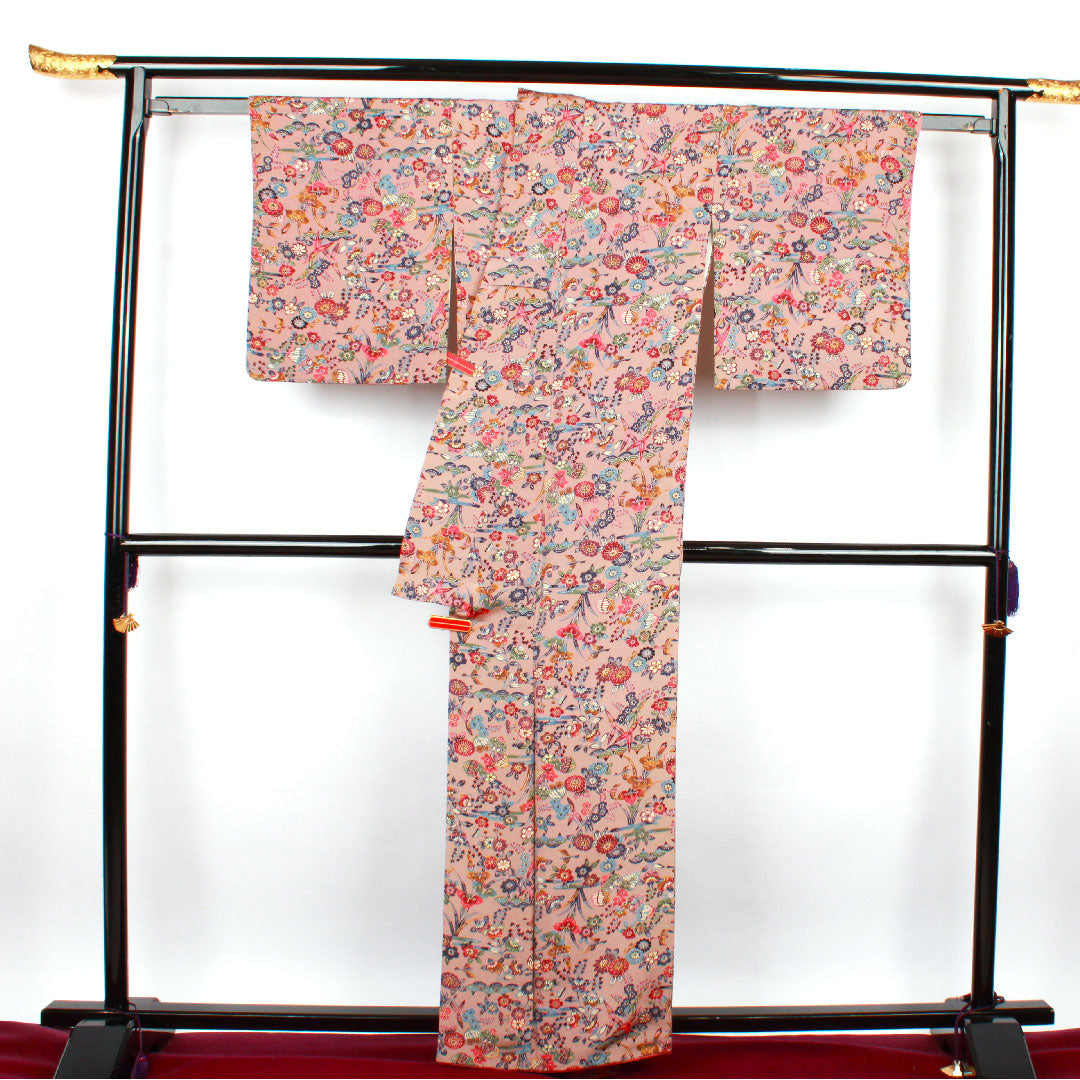 小紋 身丈159.5cm 裄丈64.5cm 袷 銀煤竹色 型染 草花模様 正絹 Sランク 朱系 1115002212316