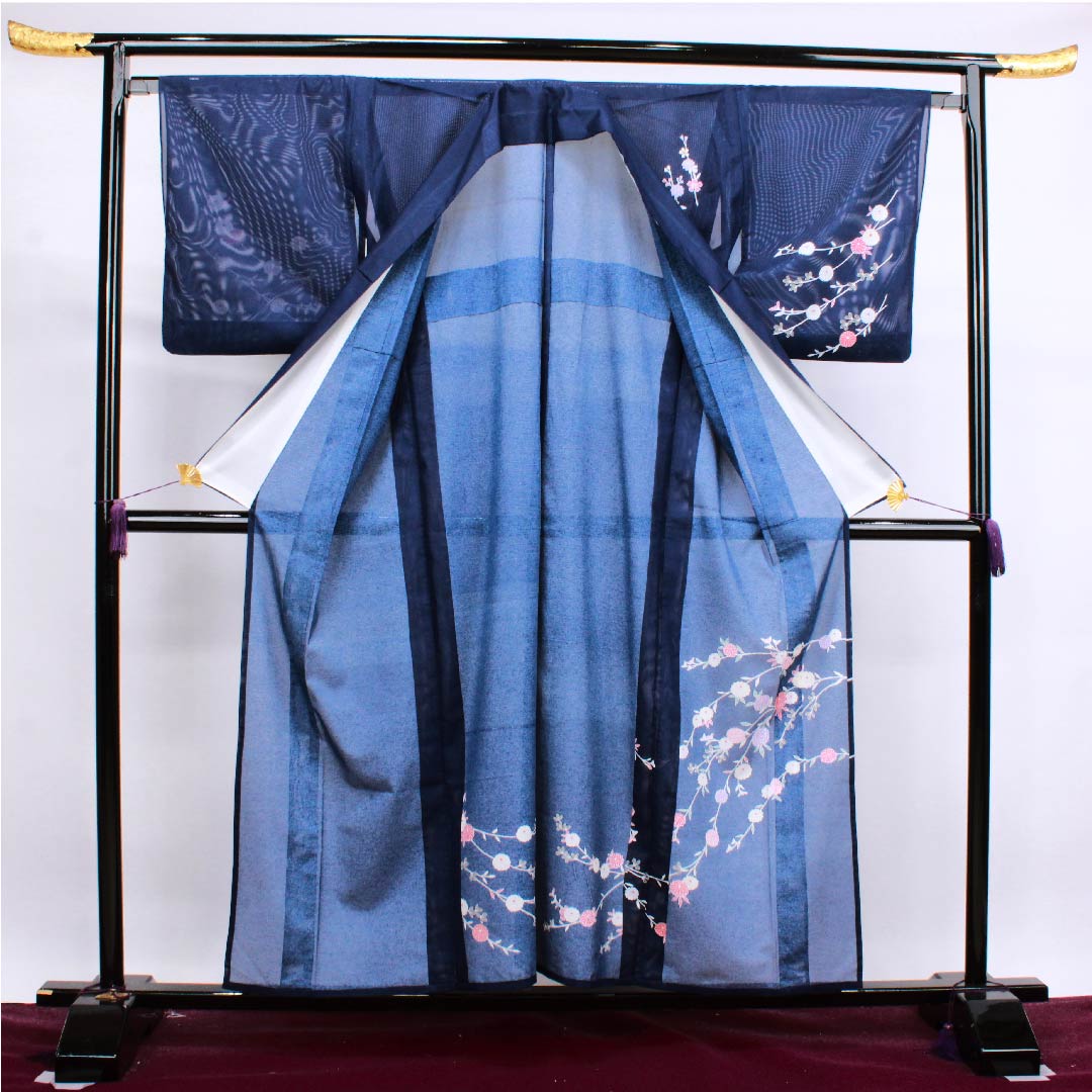 Summer polyester formal kimono, length 156.5cm, sleeve length 65cm, dark blue, chrysanthemum, silk, S rank, navy blue, 1132000102318
