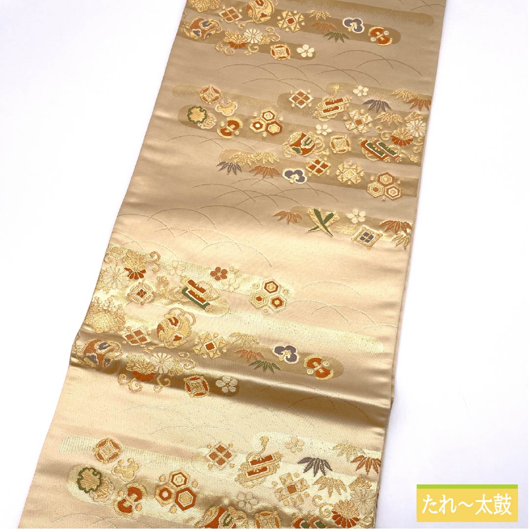 Fukuro Obi (Sash) made of pure silk, walnut color, for Tomesode, Treasures, Flower Arabesque pattern, Length 430cm, S rank, Six-pass, Formal, Beige, 1123013582325