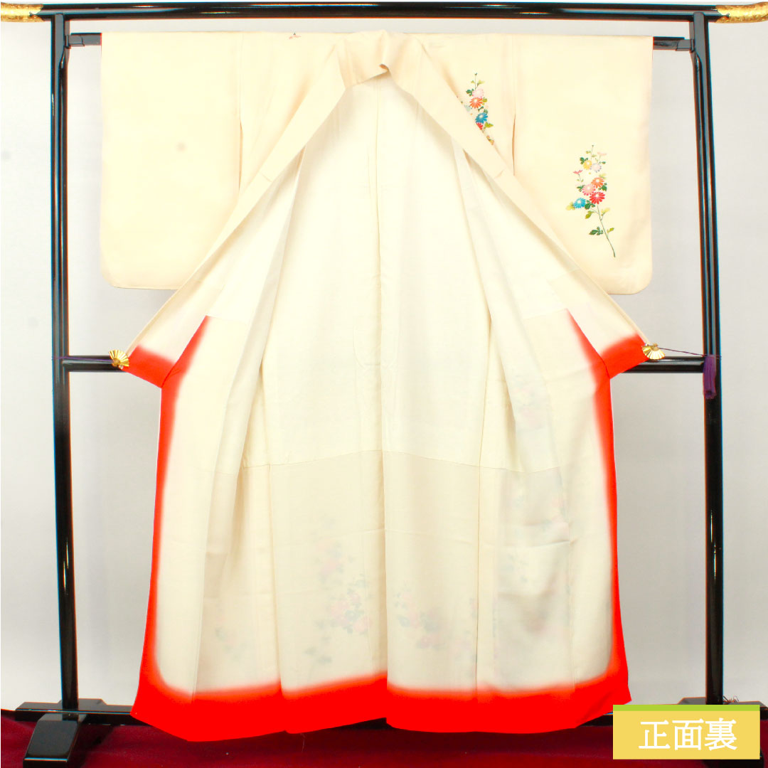 Homongi, pure silk, lined, length 160cm, sleeve length 63.5cm, Tonokoiro, Kyoto Yuzen, floral pattern, A rank, cream color, 1112004803415