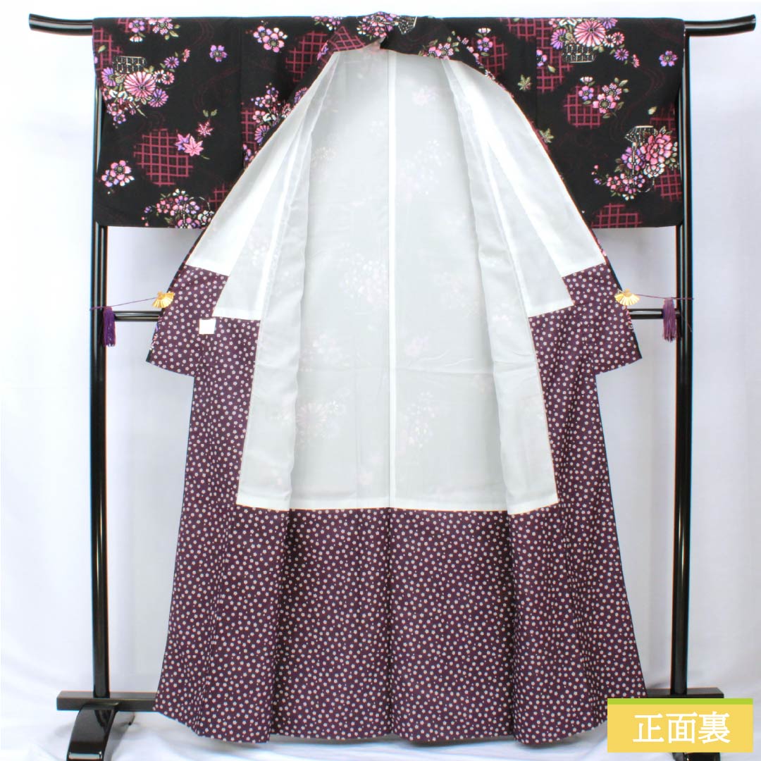 Komon (small pattern) kimono, polyester, length 163cm, sleeve length 67cm, lined, flower basket design, washable, rank A, black, product number 1115005893410