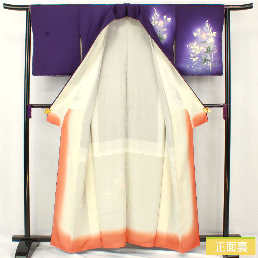 Homongi (formal kimono) made of pure silk, lined, length 160cm, sleeve length 62.5cm, violet, Kyoto Yuzen, floral pattern, A rank, purple, 1112005323420