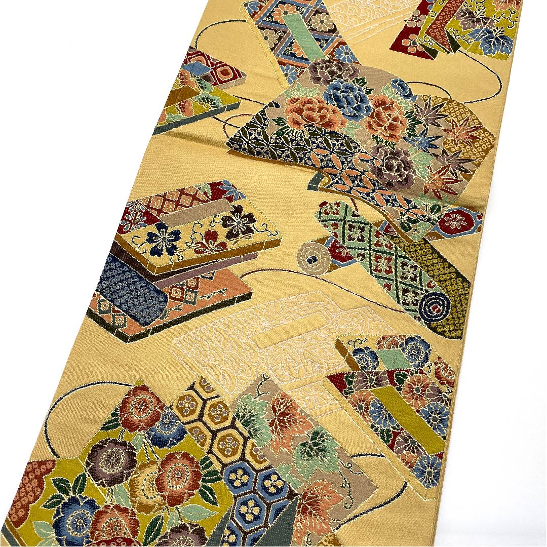 袋帯 山吹鼠色(やまぶきねずみいろ) 白綾苑大庭 時代絵巻 古典花 帯丈420cm 正絹 Sランク 六通 フォーマル 茶系 1123005682314