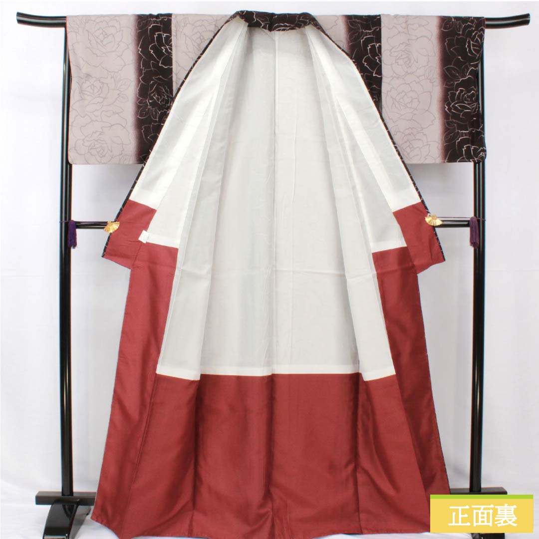 小紋 ポリエステル 身丈167.5cm 裄丈67.5cm 袷 褐色(かちいろ) 小町鼠色(こまちねずいろ) 洗える着物 薔薇 しつけ糸付き Sランク グラデーション系 1115005202599