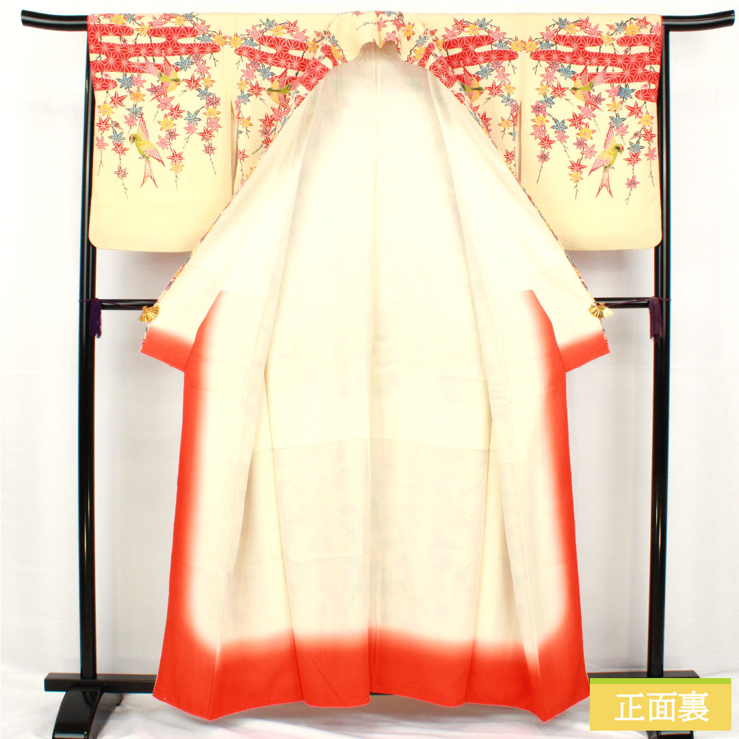 訪問着 正絹 袷 身丈158.5cm 裄丈65cm 密陀僧色(みつだそういろ) 京紅型 紅葉 鳥 Aランク クリーム系 1112005943315
