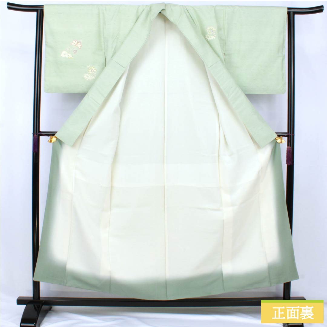 訪問着 正絹 Aランク 袷 身丈155cm 裄丈61cm 薄緑色(うすみどりいろ) 牛首紬 一つ紋 中陰蔦 草花 緑系 1112007533319