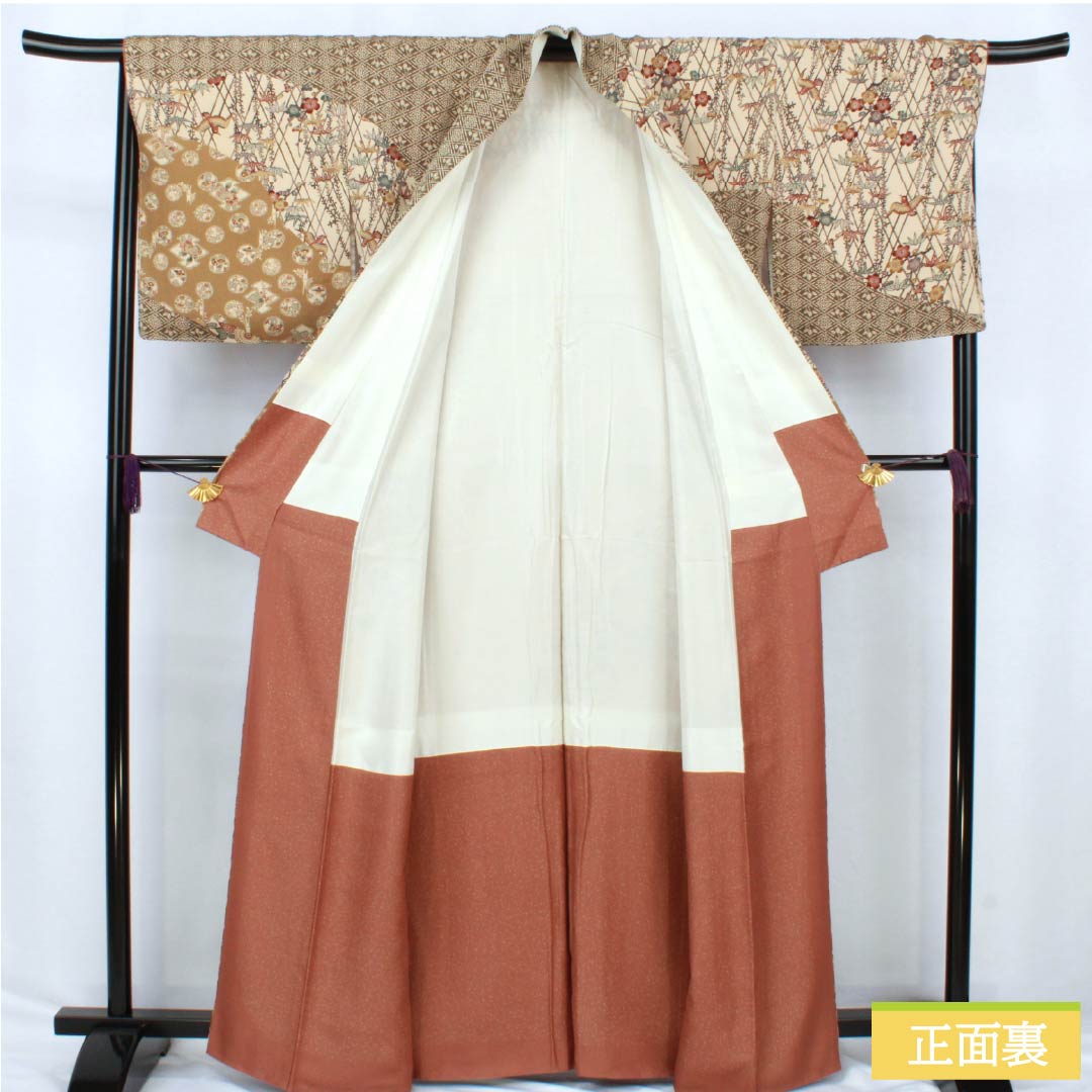 訪問着 正絹 Aランク 袷 身丈164cm 裄丈68cm 胡桃色(くるみいろ) 京紅型 吉祥文様 割付文様 古典柄 しつけ糸付き ベージュ系 1112006713425