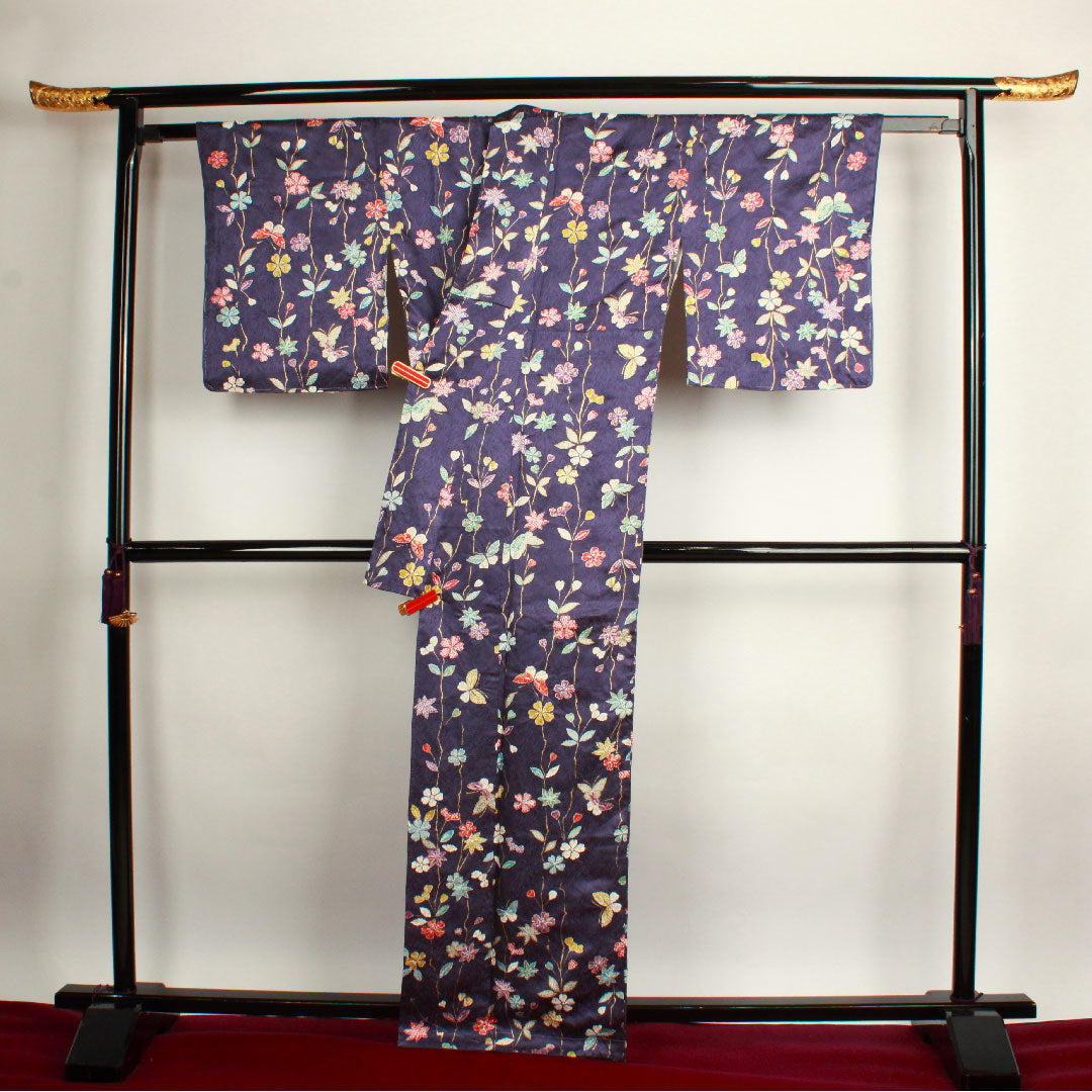 小紋 身丈164.5cm 裄丈65cm 袷 江戸紫色 絞り 花模様 正絹 Sランク 紫系 1115002332420