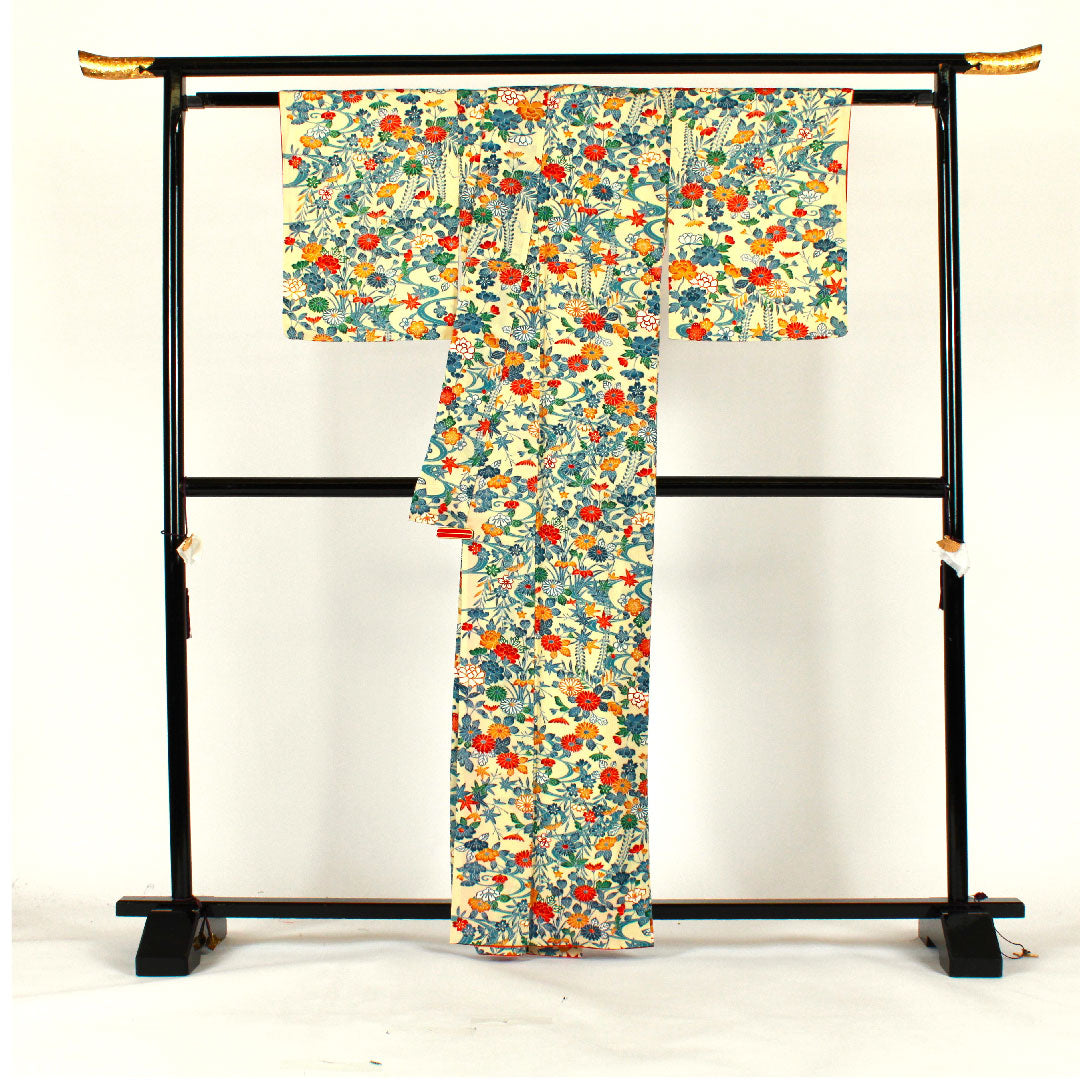 小紋 身丈163cm 裄丈66cm 袷 草花模様 ポリ Aランク クリーム系 1115001663415