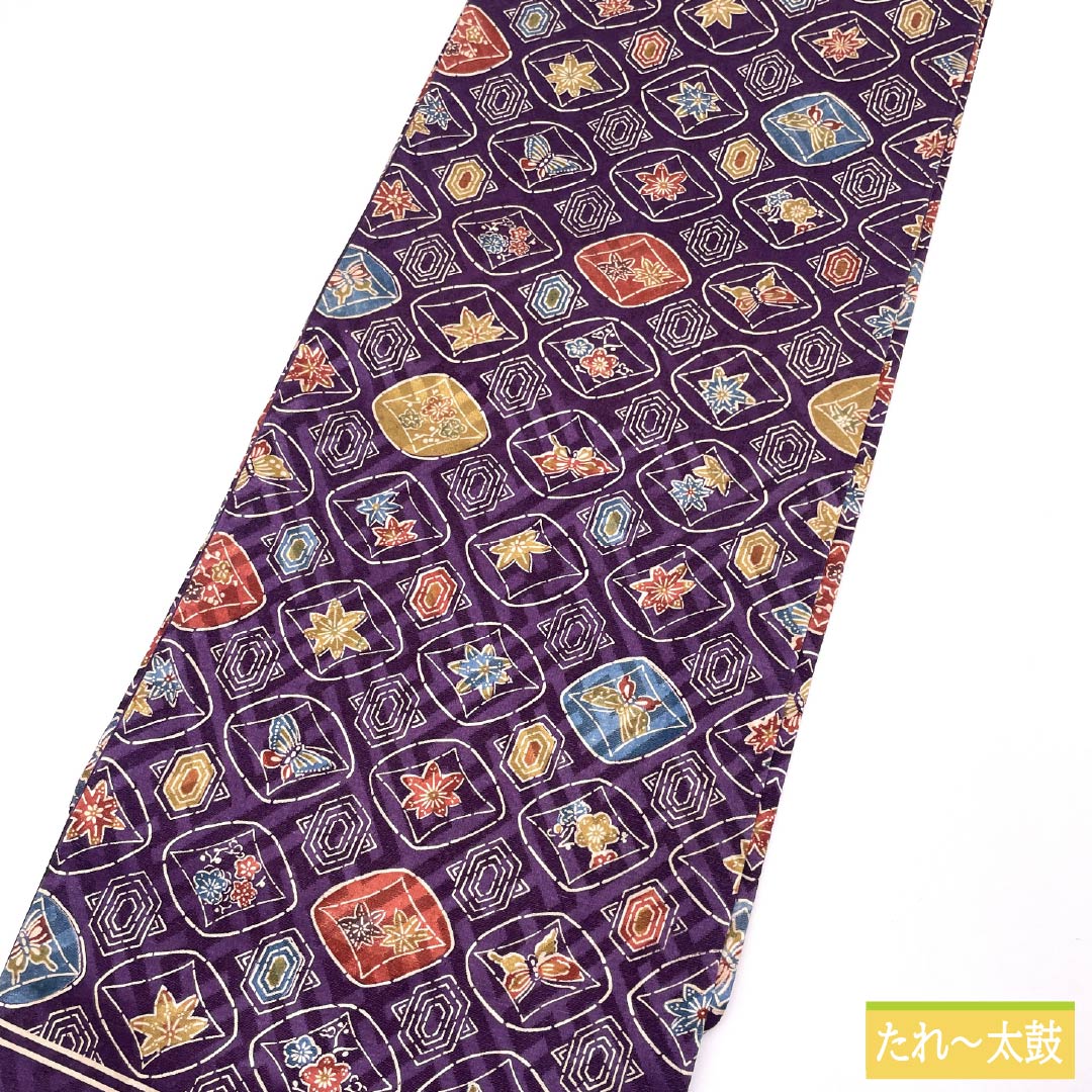 Nagoya Obi, Pure Silk, S-Rank, Grape Purple, Plant-Dyed, with a Blowing Pattern and Autumn Leaves, Length 382cm, Full Length, Casual, Purple, Product Number 1124009722420, Nagoya Style