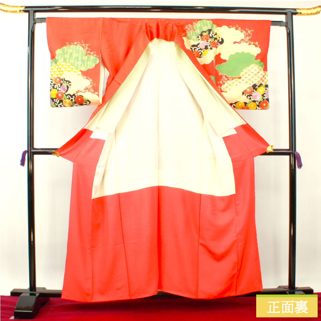 Homongi, pure silk, lined, length 160cm, sleeve length 63cm, scarlet, Kyoto Yuzen, embroidery, auspicious motif, one crest (sewn crest), Gosankiri, S rank, vermilion, 1112003752416