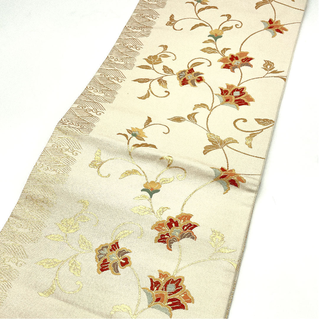 Nagoya obi with Chinese flower pattern, obi length 361cm, pure silk, A rank, six-pass, semi-formal, cream color, 1124001523315, Nagoya style