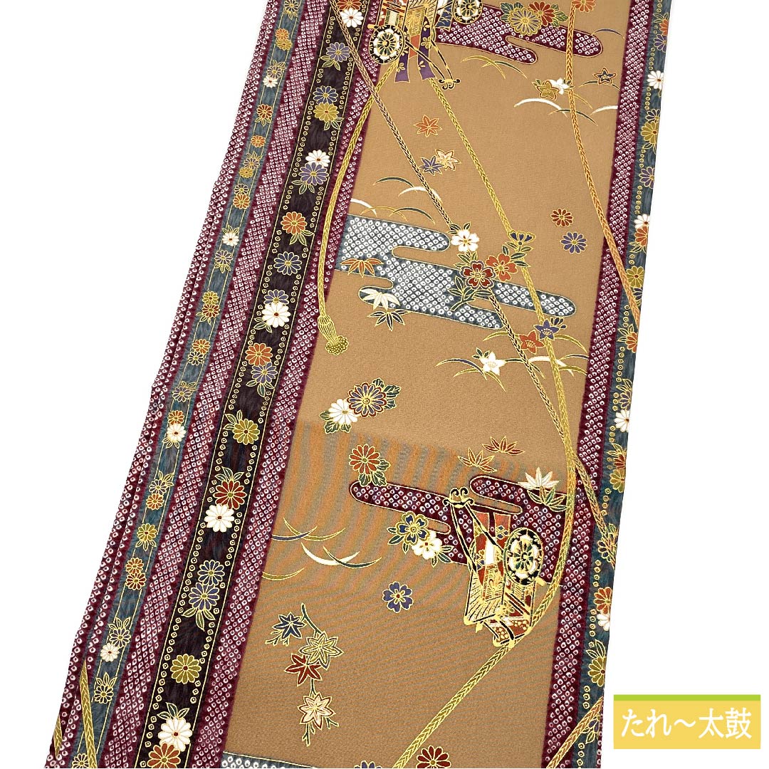 Nagoya obi, Asasugi dyed, Imperial carriage, chrysanthemum, cherry blossom, obi length 355cm, pure silk, S rank, full length, semi-formal, beige, 1124006532325, Nagoya tailoring
