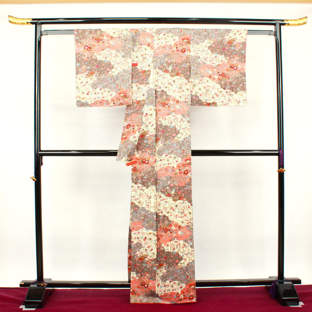 Komon, Length 164.5cm, Sleeve length 63cm, Awase, Neri-iro, Floral pattern, Pure silk, S rank, Cream color, 1115002832415