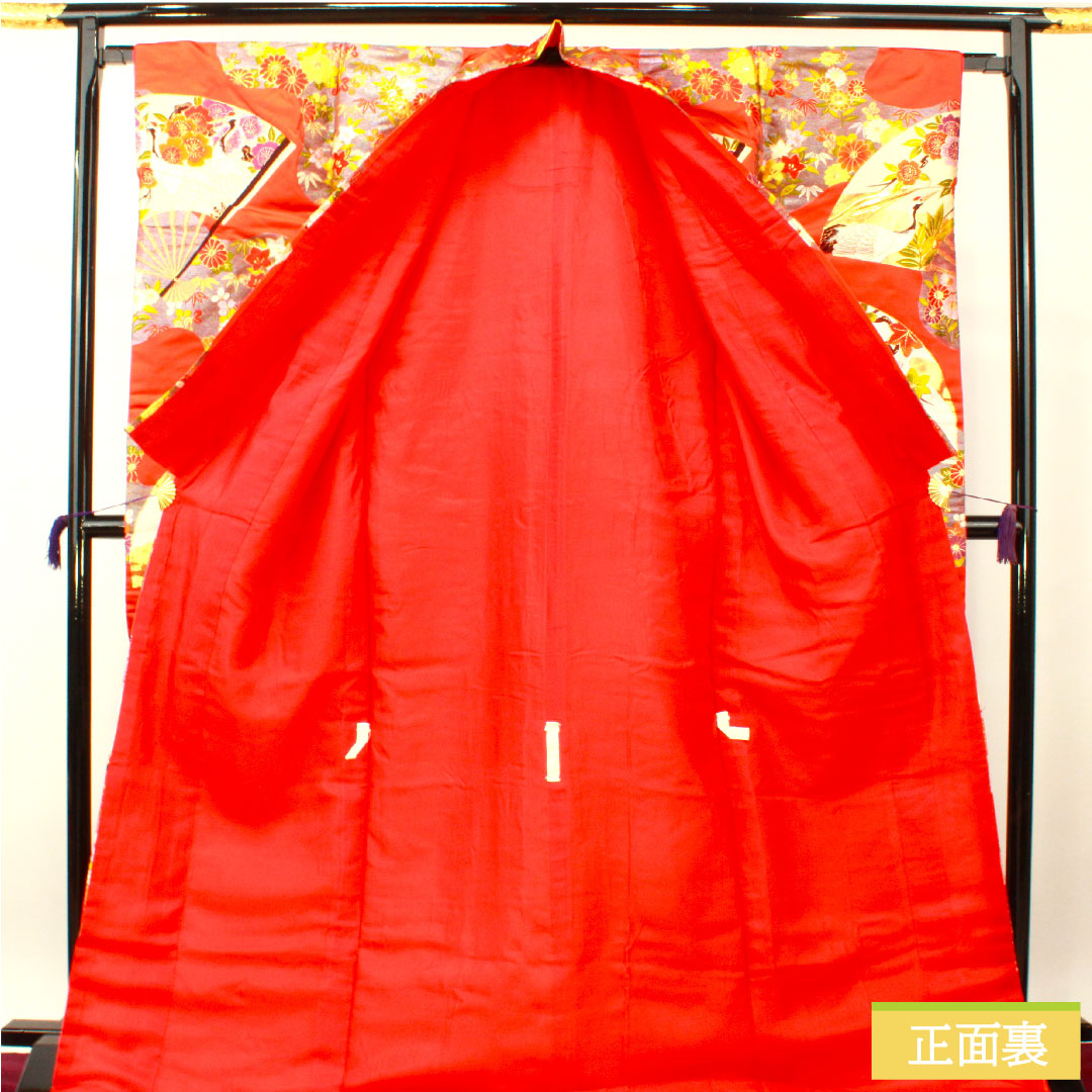 Colored uchikake, pure silk, length 185cm, sleeve length 66cm, maple leaf color, Karaori, auspicious motif, S rank, lined, vermilion, 1110000802916