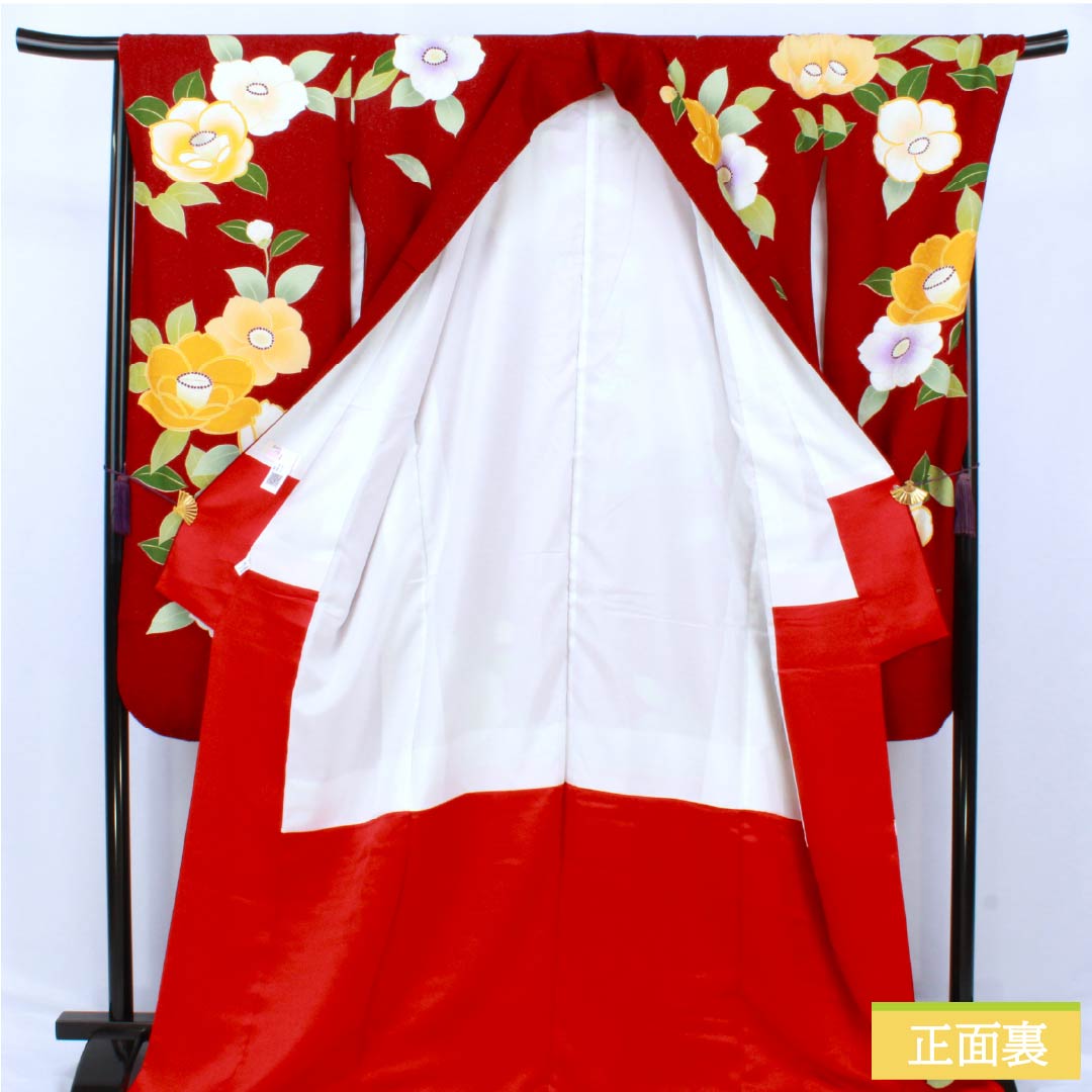 振袖 正絹 Sランク 身丈175.5cm 裄丈71.5cm 袷 紅赤色(べにあかいろ) 椿 さわやかガード加工 銀通し 赤系 1113002202812