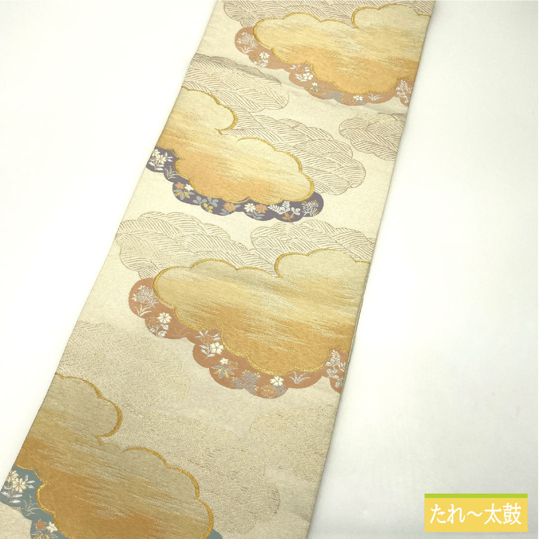 Fukuro obi, pure silk, A rank, Nishijin-ori, cloud patterns, small flowers, obi length 428cm, rokkutsu, formal, silver tones, 1123017233322