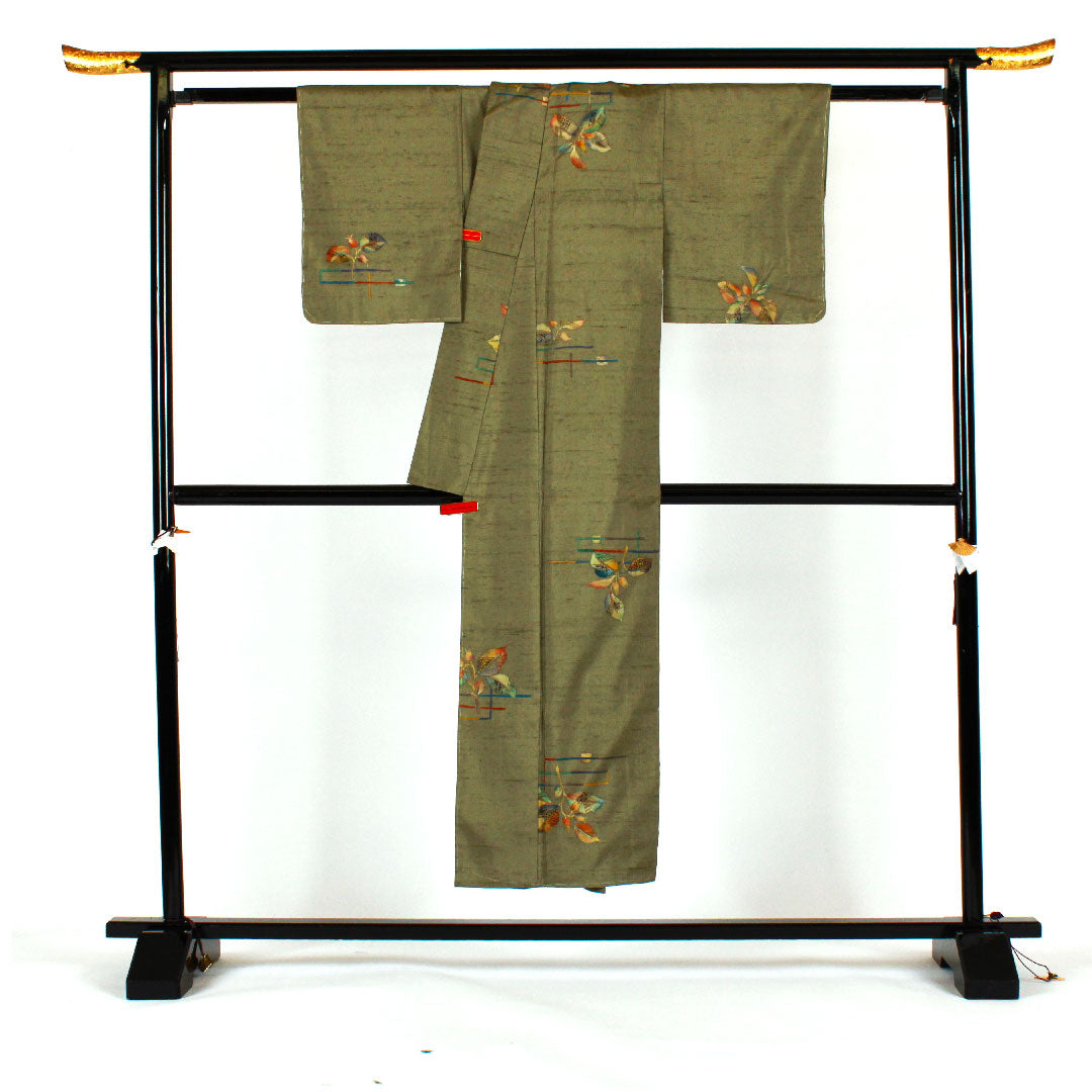 Tsumugi Length 150cm Sleeve length 62cm Striped pattern Hand-woven Pure silk S rank Awase Green 1116001012219