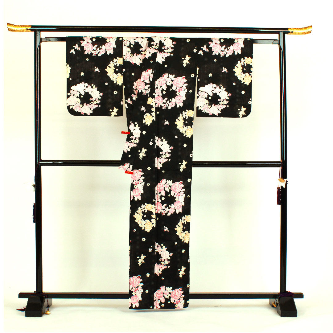 浴衣 バラ 木綿 Sランク 単衣 身丈163cm 裄丈66cm 黒系 1118000382410