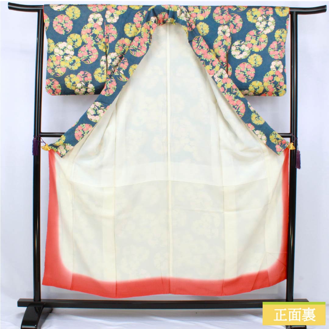 小紋 正絹 Aランク 身丈154cm 裄丈60cm 袷 紺色(こんいろ) 花丸紋 紺系 1115007693218