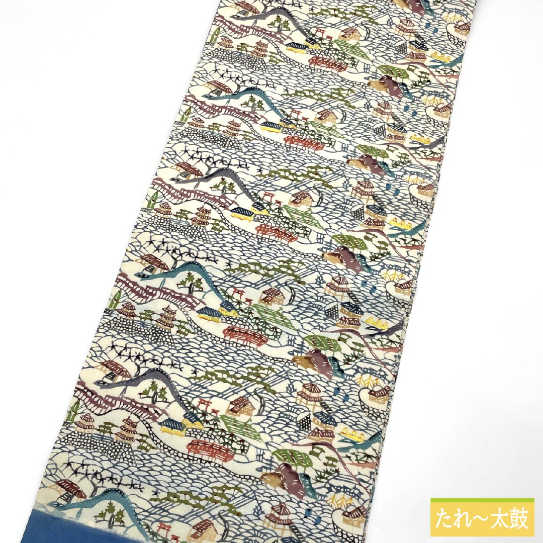 Nagoya Obi, Pure Silk, Grade A, Natural Color (Kinari-iro), Stencil Dyed with Bingata-inspired Landscape Pattern, Length 371cm, Six-fold, Casual, Cream-toned, Product Number 1124010593315, Nagoya Style