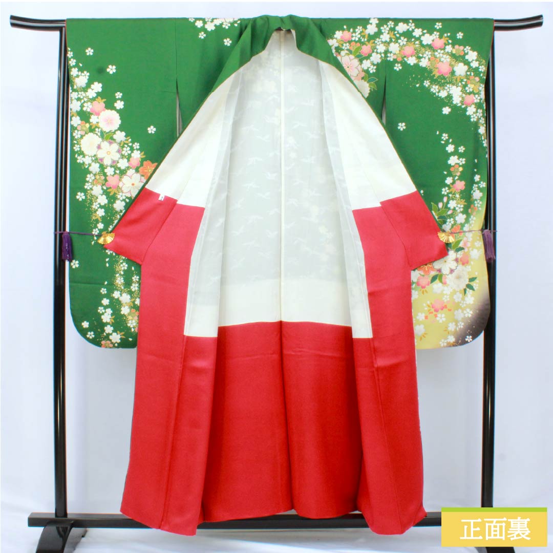 Furisode Kimono (S-Rank) - Pure Silk, S-Rank, Length 153cm, Sleeve Length 62.5cm, Lined, Green-Brown, Kyoto Yuzen Print, Cherry Blossom and Floral Design, Pearl Tone Finish, Green, Product Number: 1113002142219