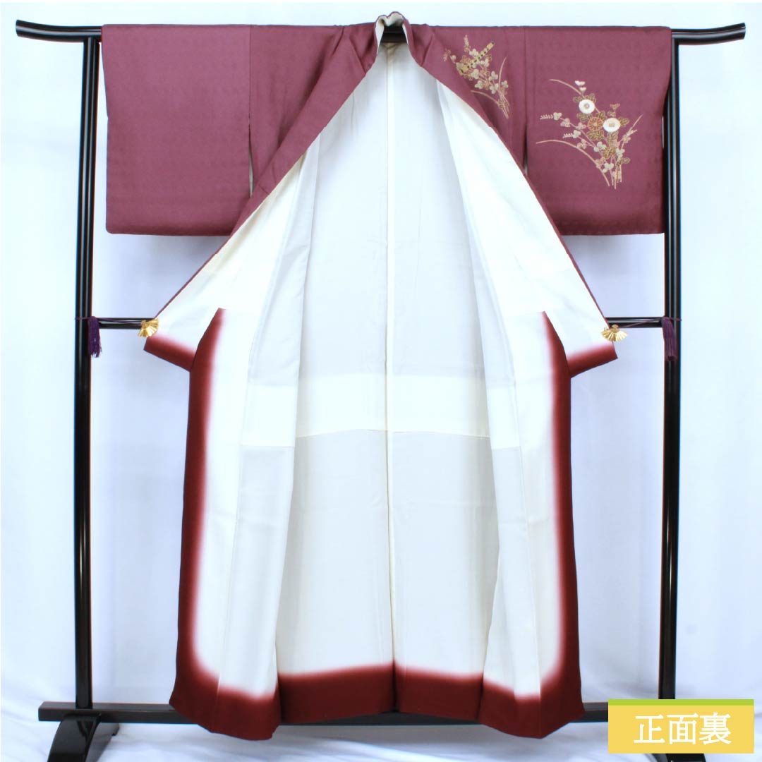 Visiting Kimono, Pure Silk, S Rank, Lined, Length 155.5cm, Sleeve Length 63cm, Crimson (Mekkouiro) Color, Kyoto Yuzen, Sewn Crest, Snow Rings with Different Hawk Feathers, Chrysanthemums, Hagi, Purple, Item Number: 1112006812320