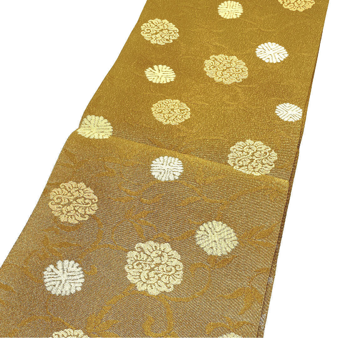 Nagoya obi, genuine silk, NEW rank, pine needle crests, Matsuba tailoring, obi length 368cm, Rokutsu, semi-formal, yellow-ochre, 1124001281323