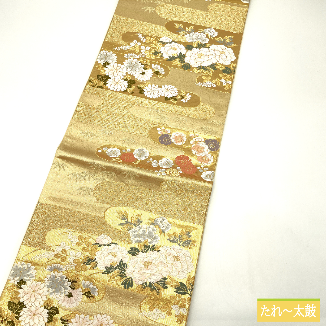 Fukuro-obi silk A Rank Nishijin-ori e-gasumi plum bamboo auspicious patterns obi length 430cm rokutsu formal gold 1123017303321