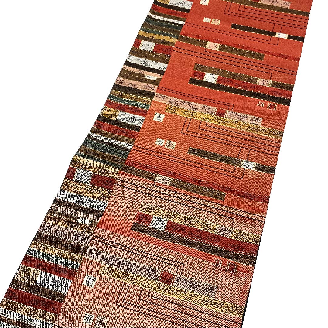Fukuro obi (sash) in oxblood red with horizontal stripes and geometric patterns, obi length 442cm, pure silk, S rank, six-pass, semi-formal, vermilion, 1123002752316