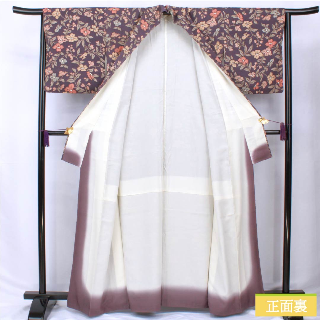 Komon (small pattern) kimono, pure silk, length 162cm, sleeve length 64cm, lined, deep purple (Fukaki Murasaki Iro), Saaya pattern, floral pattern, S rank, purple, 1115005972420
