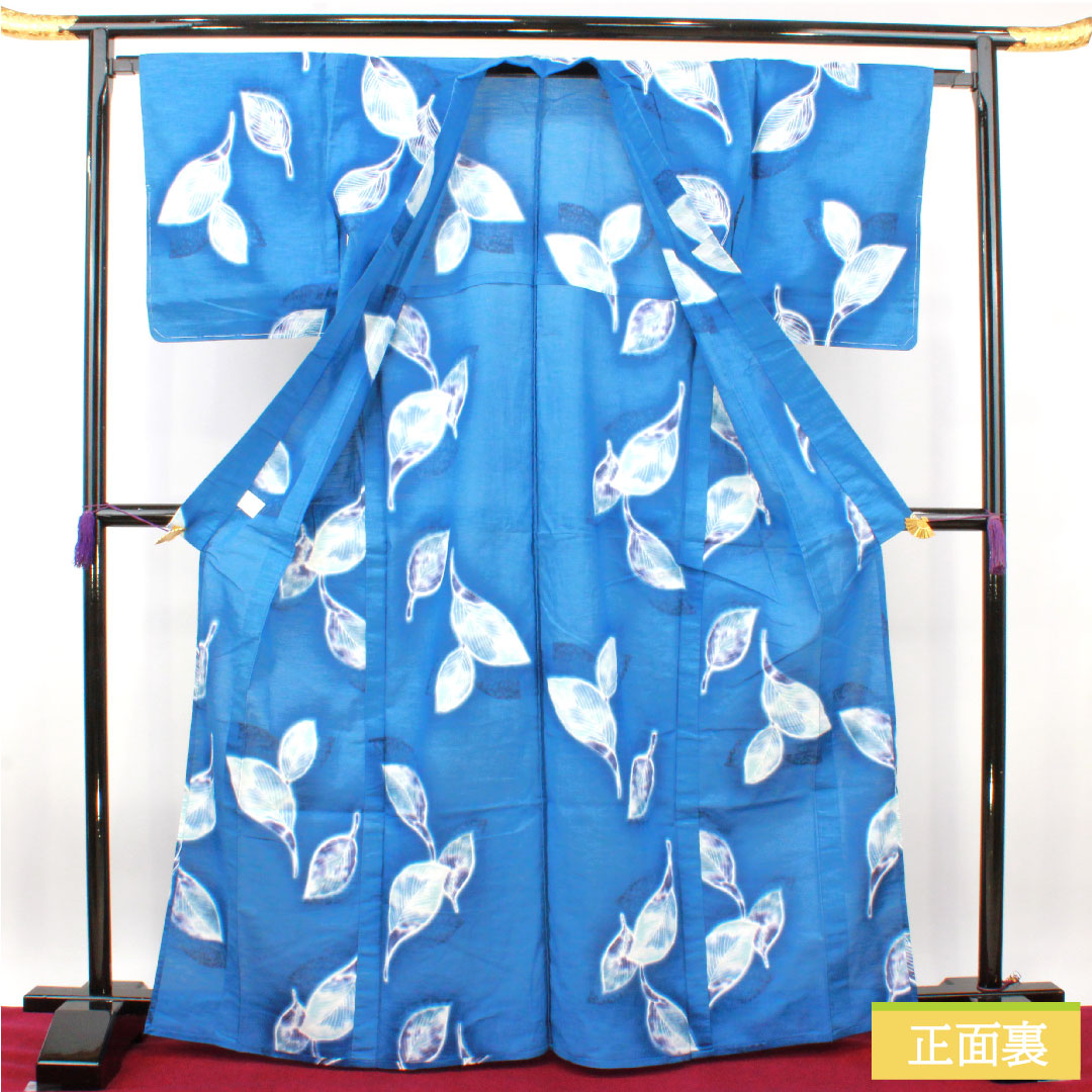 Yukata Cotton Length 167cm Sleeve length 66cm S rank Single layer Blue Indigo Leaf pattern 1118005202517