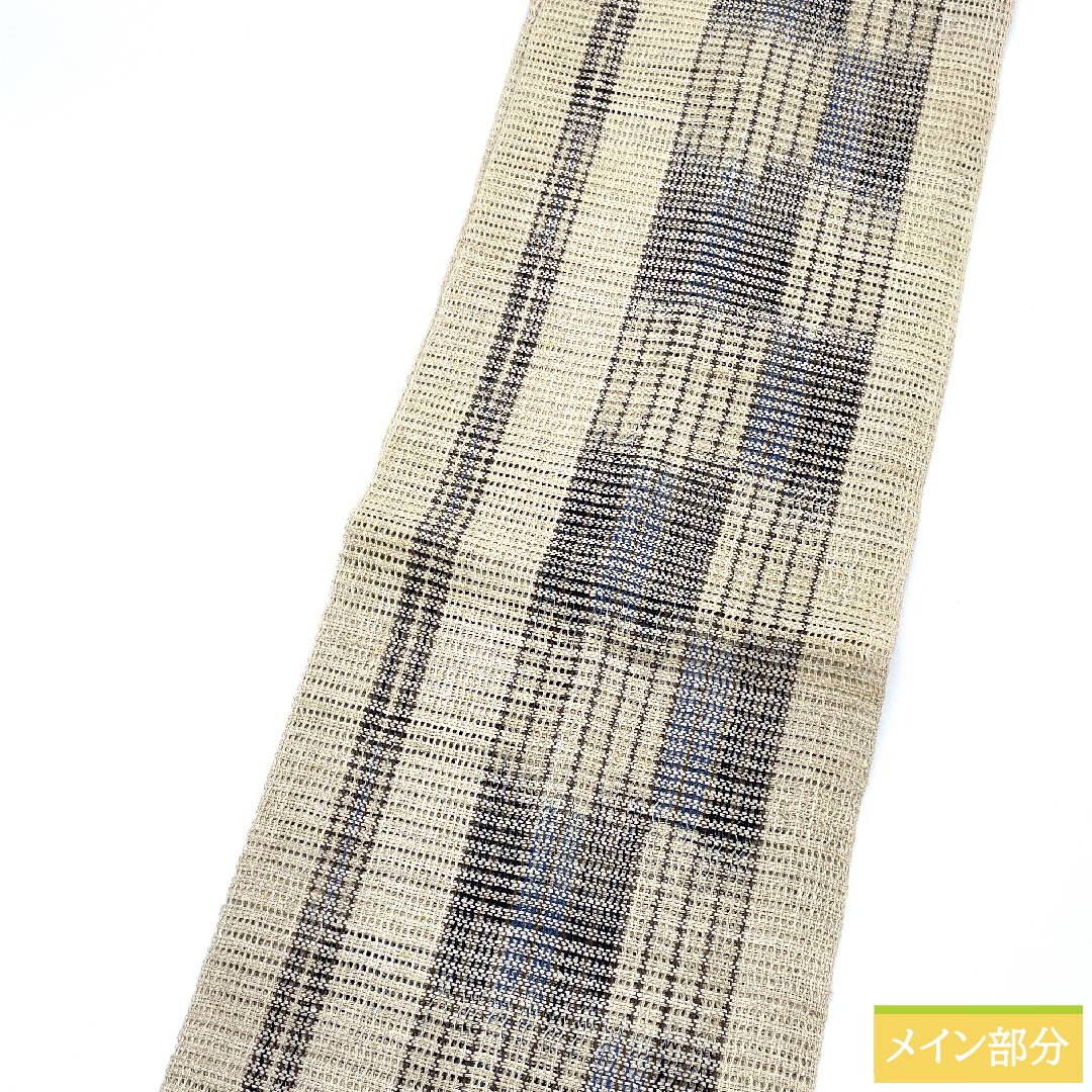 Nagoya obi, Torinoko color, checkered pattern, stripes, obi length 404cm, pure silk, S rank, full length, casual, beige, 1124005942325, Nagoya style