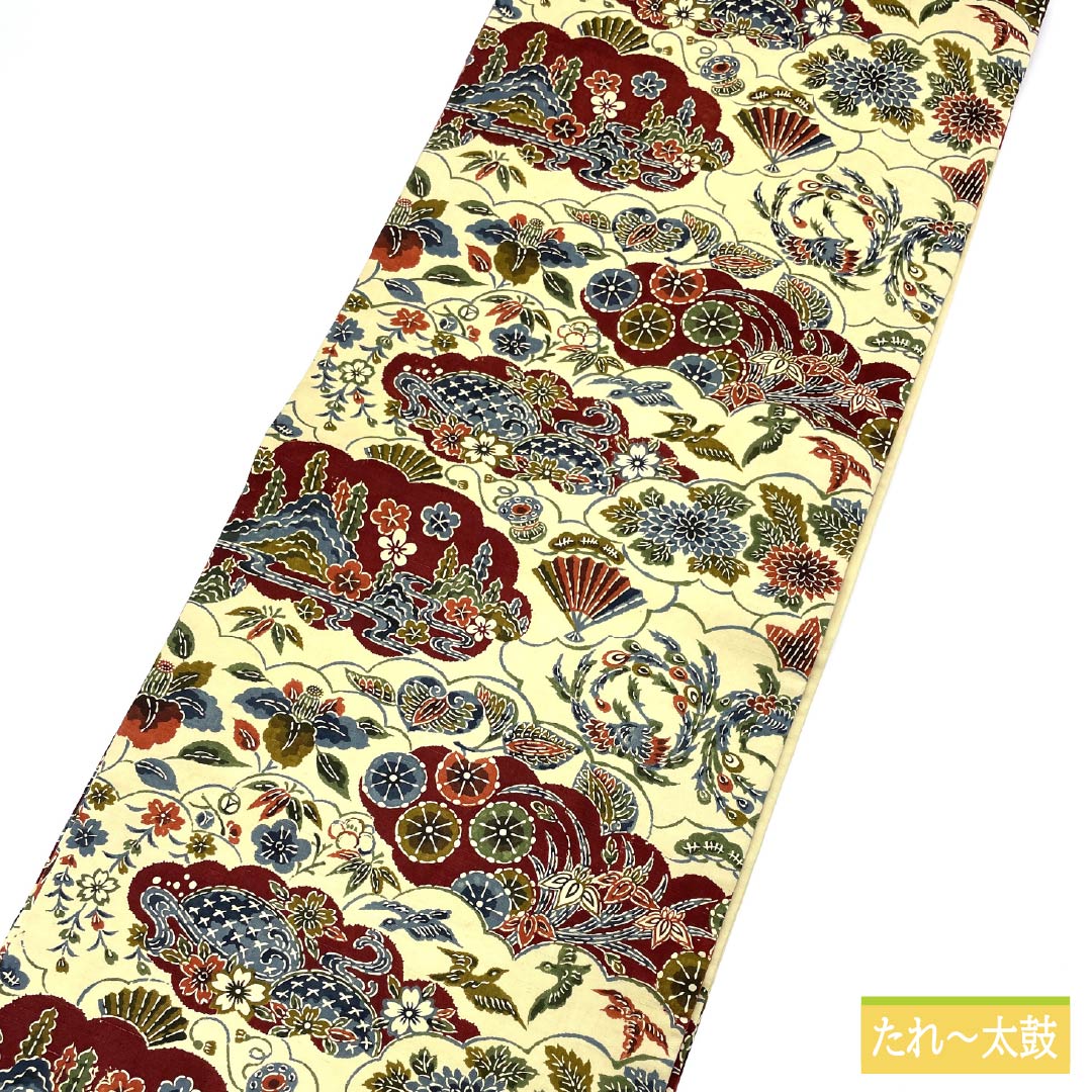 Nagoya obi, Geo-iro, Kyoto Bingata, Cloud pattern, Flower pattern, Length 348cm, Pure silk, S rank, Six-pass, Casual, Cream color, 1124007642315, Nagoya style
