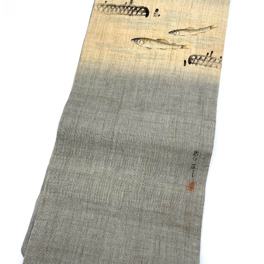 名古屋帯 魚 紬地 作家物 染帯 帯丈367cm 正絹 Aランク ポイント柄 カジュアル グレー系 1124005003322 名古屋仕立て
