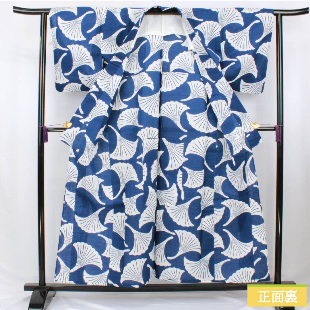 Cotton Yukata, Length 155.5cm, Sleeve Length 61.5cm, S Rank, Single Layer, Navy Blue, Ginkgo Pattern, 1118006582318