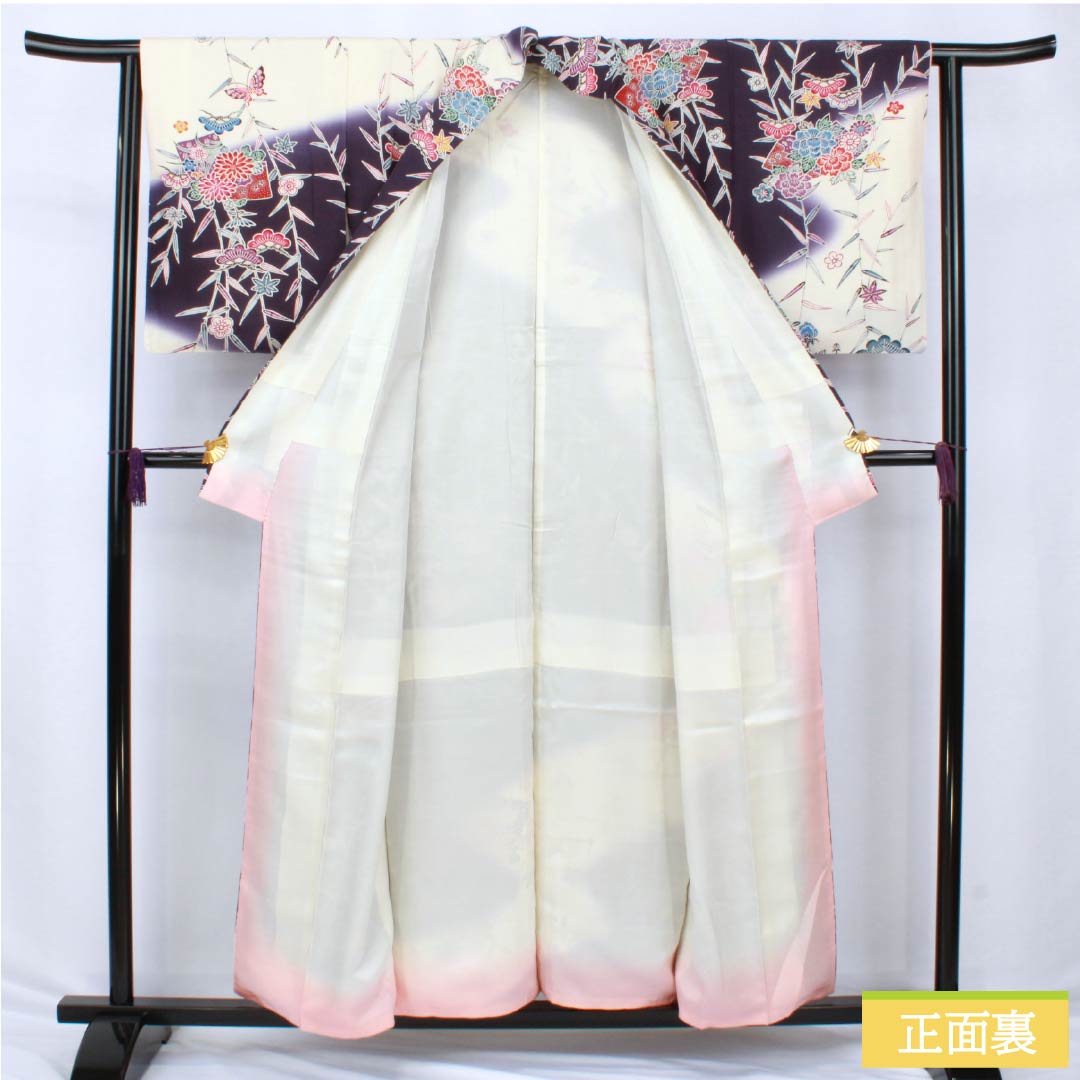 Homongi Silk A Rank Awase 155.5cm Length 62cm Sleeve-to-sleeve Deep Purple Kyo-Bingata Pine, Bamboo, Plum, Butterfly, Fan, Chrysanthemum Purple System 1112006403320