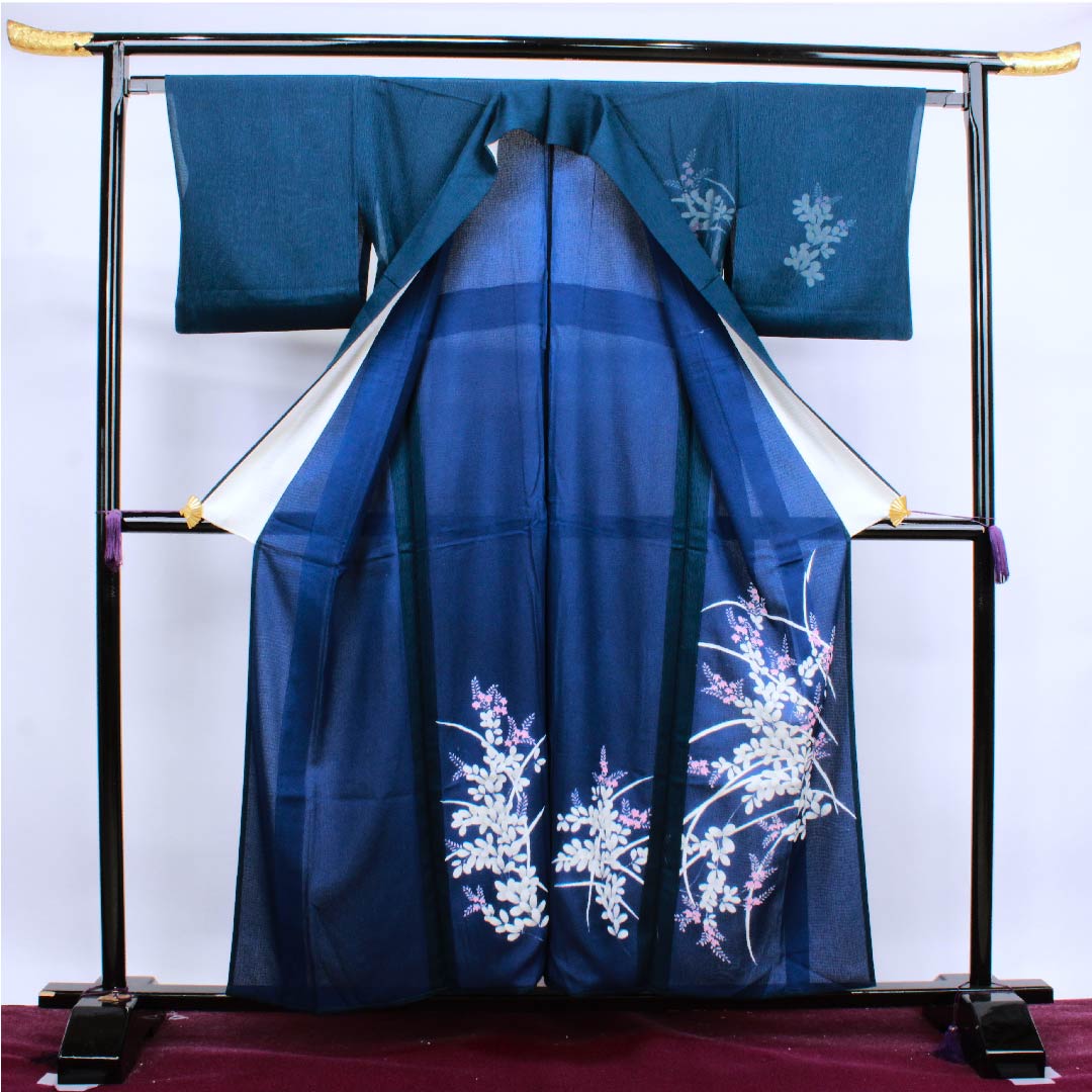 夏物 正絹 訪問着 身丈158cm 裄丈63.5cm 濃藍色(こいあいいろ)草花模様 二重紗 Sランク 紺系 1132000142318