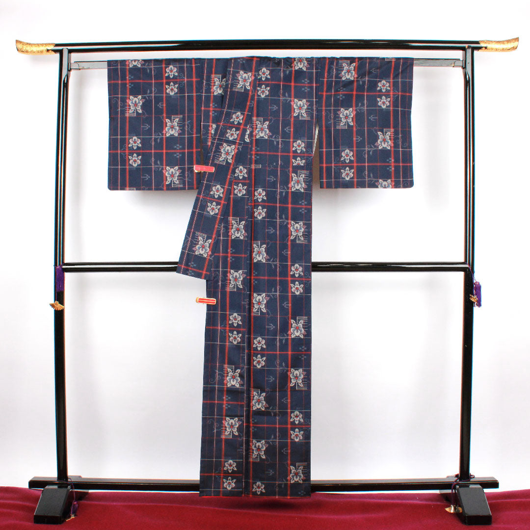 Murayama Oshima Length 160cm Sleeve length 64.5cm Ensemble Lattice Flower pattern Pure silk S rank Awase Navy 1116001932418