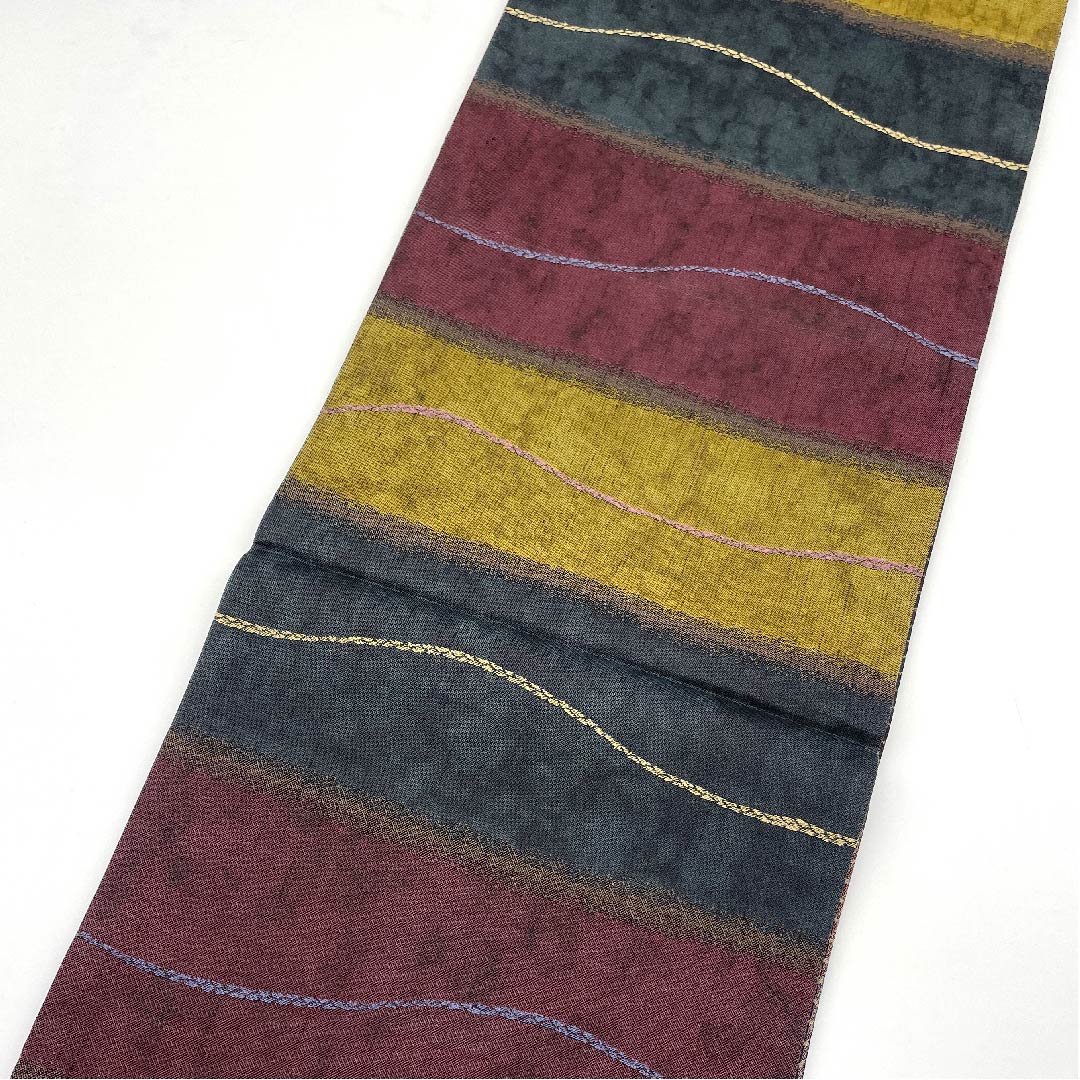 Fukuro Obi, Lacquer Foil, Horizontal Stripes, Line Pattern, Checkered, Length 440cm, Pure Silk, A Rank, Six-Ply, Casual, Gradient Style, 1123005563399