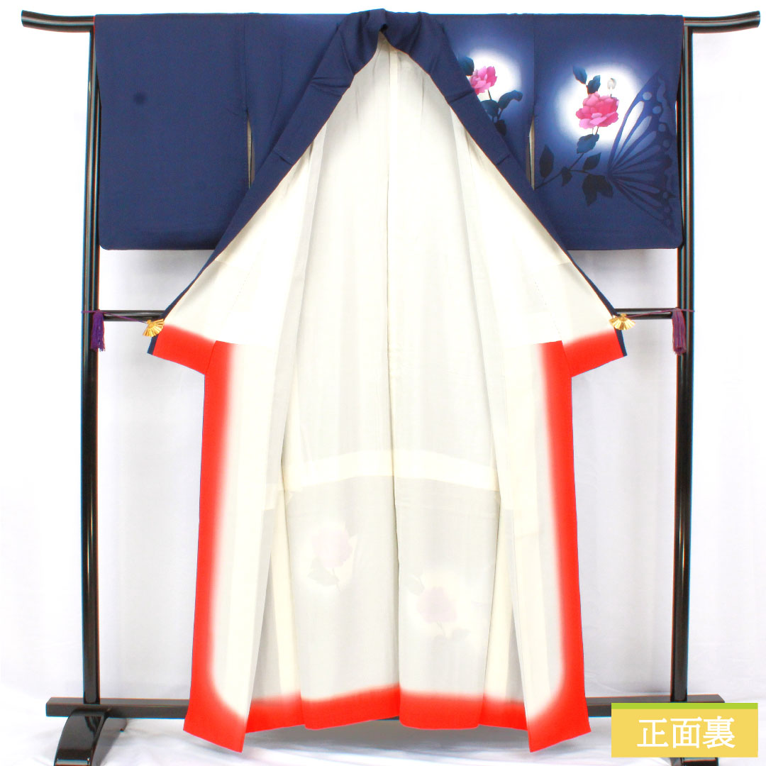 Homongi, pure silk, lined, length 159cm, sleeve length 65cm, dark blue, butterfly, rose, A rank, navy blue, 1112005883318