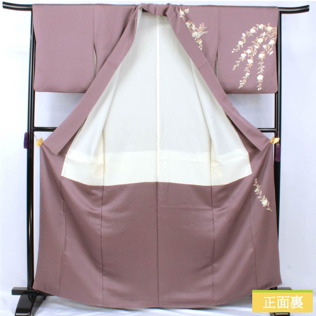 Formal kimono, pure silk, rank B, lined, length 164cm, sleeve to sleeve 64.5cm, reddish gray, Kyo-Yuzen, one crest, plants, purple tones, 1112007044420