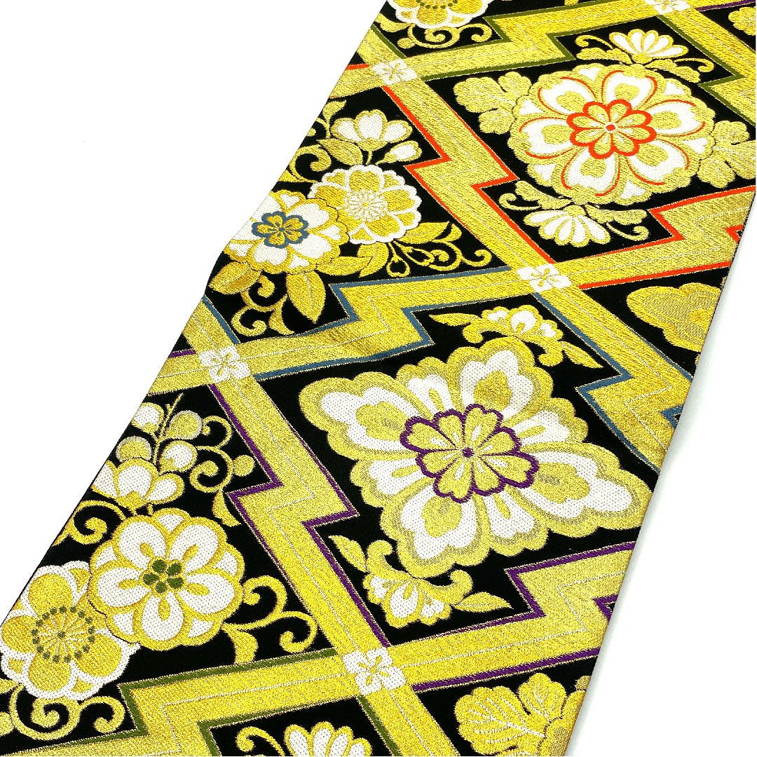 Fukuro Obi for Furisode, Matsukawabishi, Flower Pattern, Length 440cm, Pure Silk, S Rank, Six-way, Formal, Black, 1123004512310