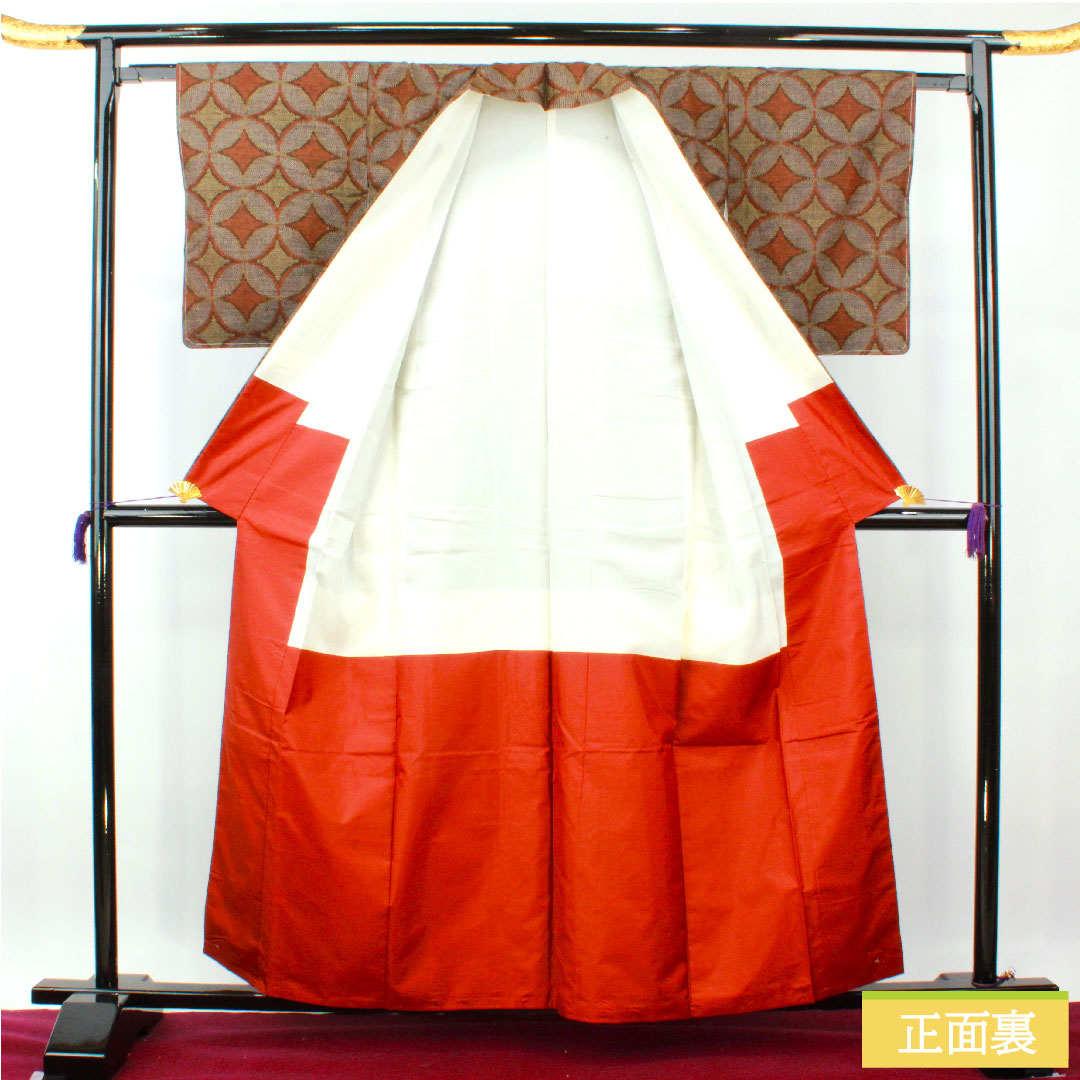 Tsumugi, pure silk, length 158cm, sleeve length 62.5cm, Shippo, A rank, lined, brown, 1116003543314
