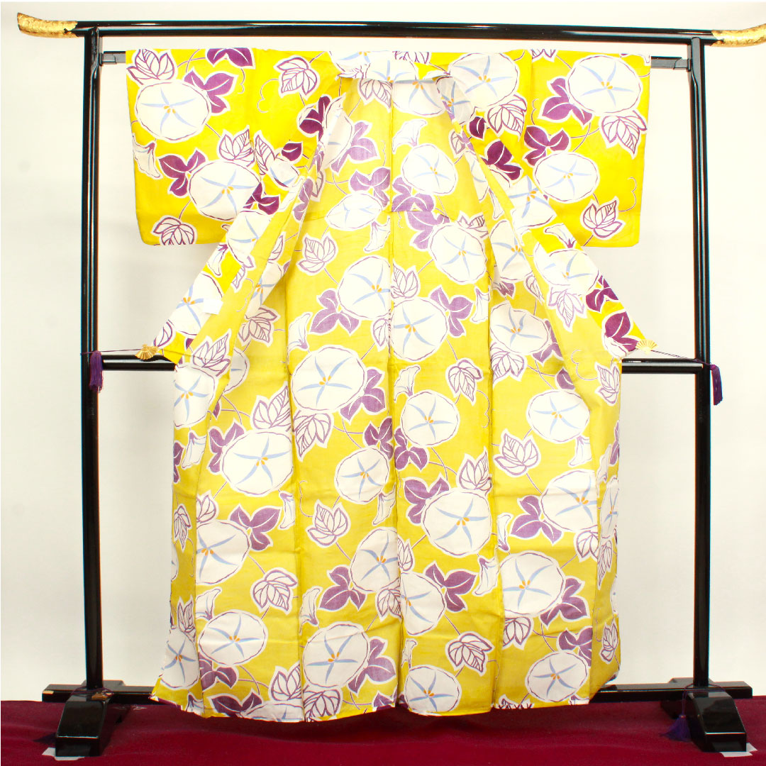 浴衣 黄蘗色 朝顔 木綿 Sランク 単衣 身丈161.5cm 裄丈64.5cm 黄系 1118003682423