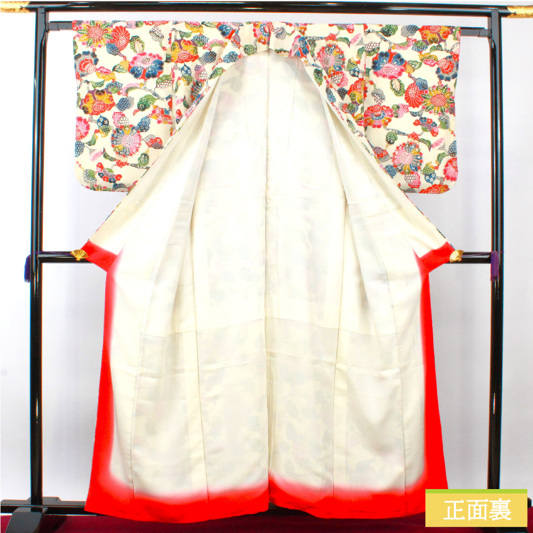 Komon, pure silk, length 158cm, sleeve length 62cm, lined, milky white, Kyoto Bingata, floral pattern, A rank, cream color, 1115004293315