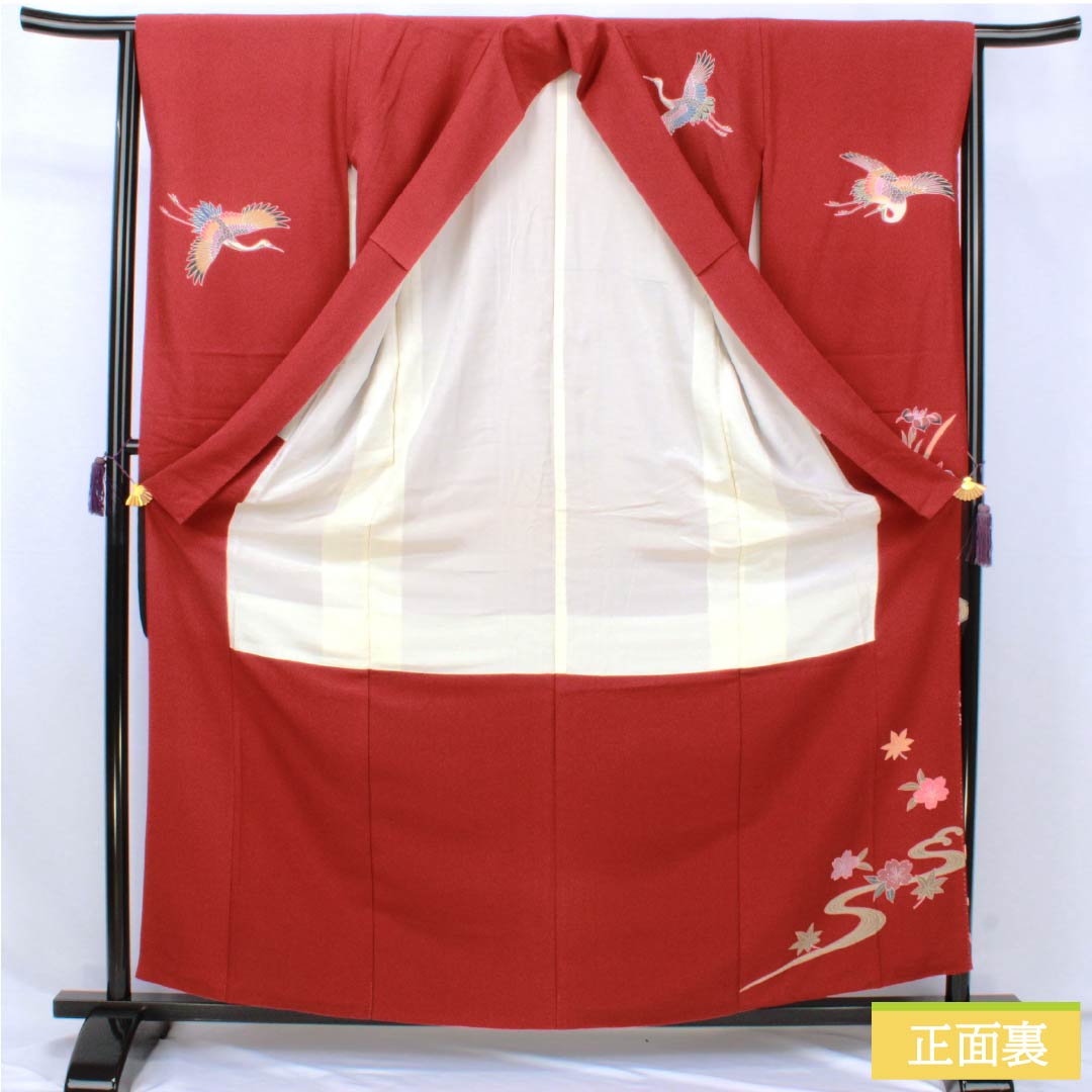 振袖 正絹 Sランク 身丈161.5cm 裄丈63.5cm 袷 生臙脂色(しょうえんじいろ) 京紅型 鶴 流水 桜 菖蒲 赤系 1113002372412