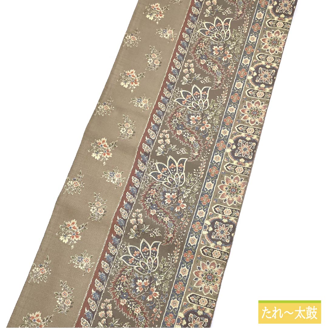 袋帯 正絹 古晒色(ふるざれいろ) 紹巴織 抽象花 帯丈434cm Sランク 六通 セミフォーマル ベージュ系 1123015022325