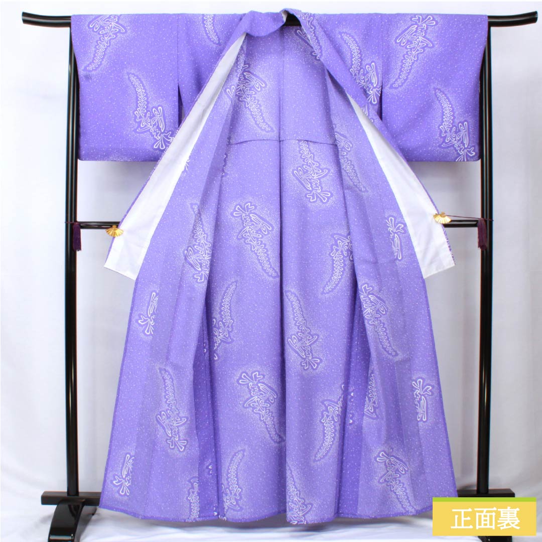 Komon (small pattern) kimono, polyester, length 161.5cm, sleeve length 65.5cm, single layer, iris-colored (kakitsubatairo) with wisteria pattern, washable, S rank, purple, product number 1115006042420