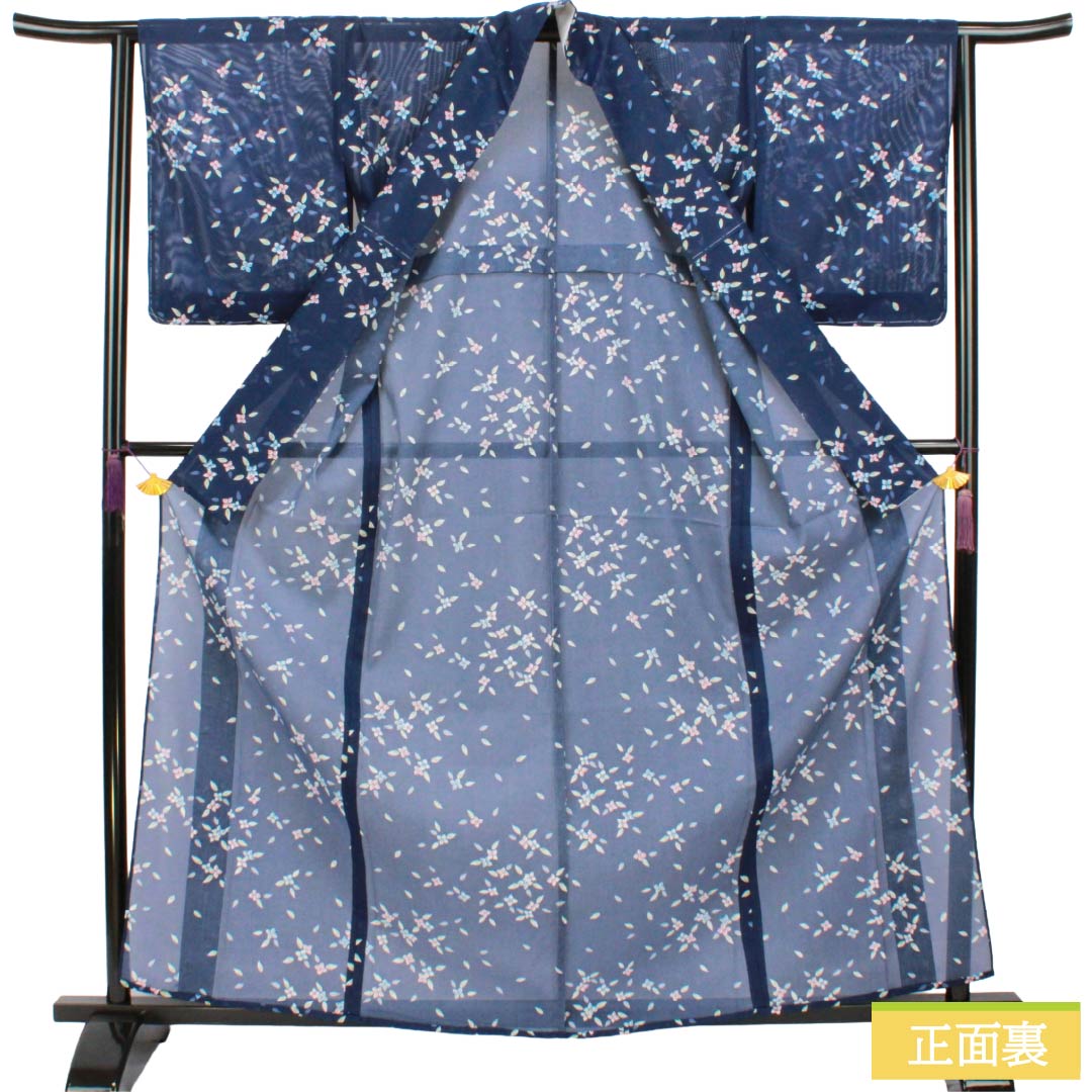 夏物 ポリエステル 小紋 Sランク 身丈162.5cm 裄丈64cm 紺色(こんいろ) 小花 洗える着物 絽 紺系 1132003552418